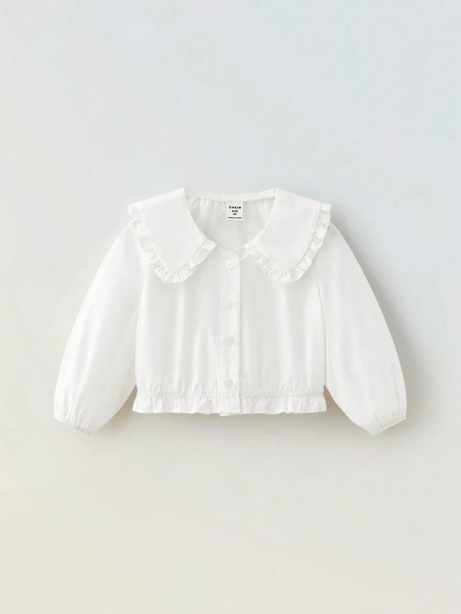 Maija Kids Maija Kids 年轻女孩可爱彼得潘领装饰短腰下摆纯白色休闲外向居家学校时尚百搭长袖衬衫，春夏 - 白色 - 查看 1