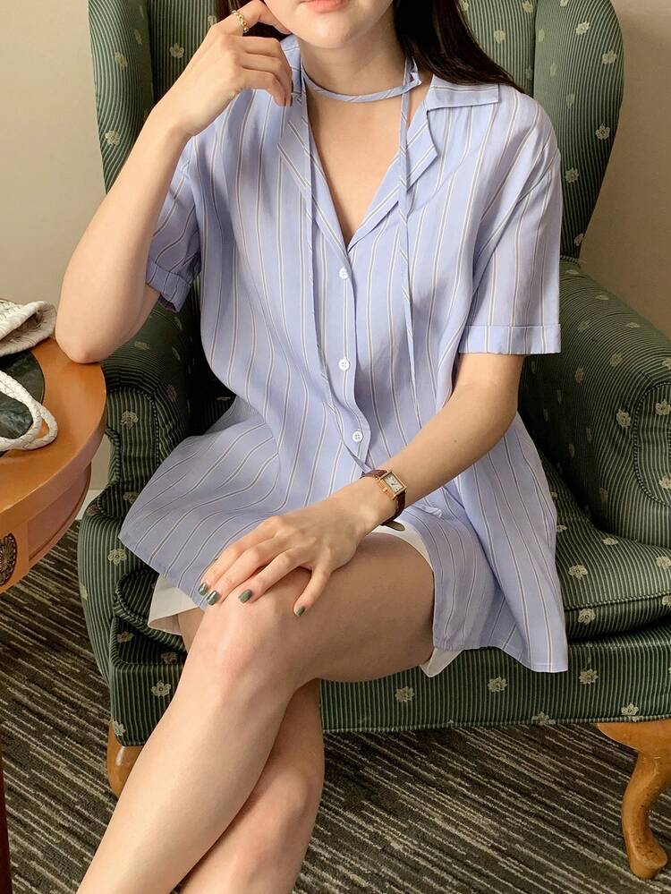 Women Striped Casual Loose Short Sleeve Blouse