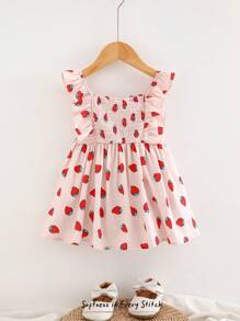 Cozy Pixies Baby Girl Strawberry Pattern Square Neck Ruffle Trim Cinched Waist Dress - Pink - View 1