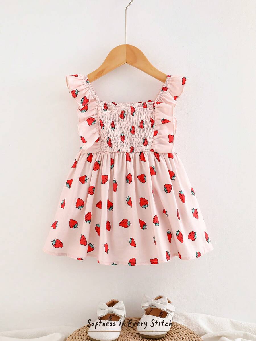 Cozy Pixies Baby Girl Strawberry Pattern Square Neck Ruffle Trim Cinched Waist Dress - Pink - View 1