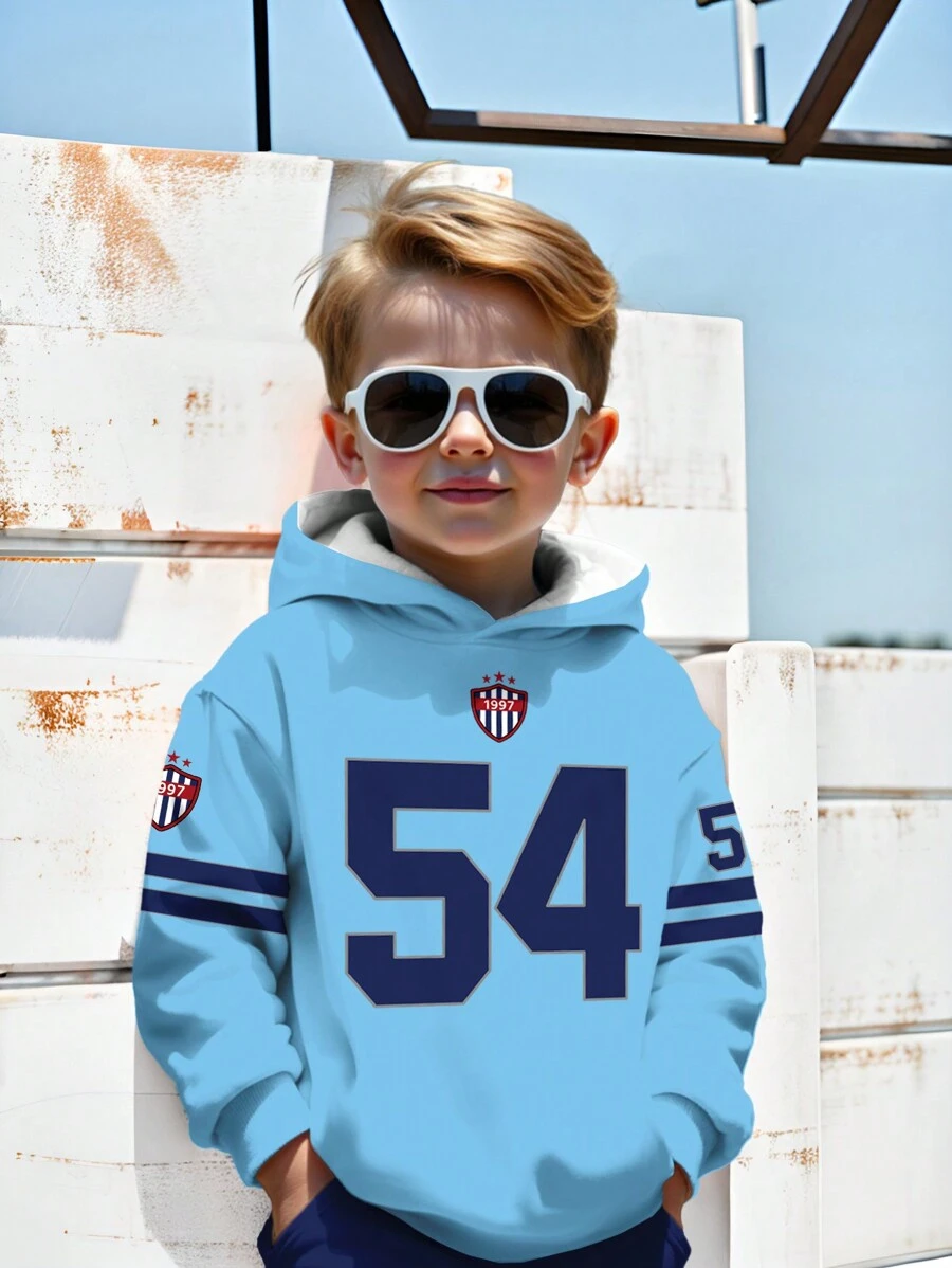 SHEIN Young Boys Casual Oversized Comfortable Daily Wear 54 Numeral & Shoulder Epaulet Print Knit Long Sleeve Sweatshirt