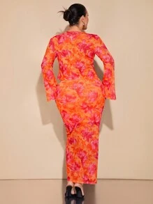 SHEIN BAE Plus Size Women Orange Multi-Color Large Floral Print Elegant 2Pcs Set: Ruffle Trim Floral Printed Long Sleeve Blouse/Top, Long Ruffle Trim Skirt, Mesh Skirt, Suitable For Valentine's Day, Carnival, Beach, Vacation, Back To School Season, Spring/Summer - Orange - View 2