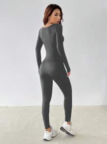 SHEIN PETITE Solid Scoop Neck Unitard Spring Women Jumpsuit - Dark Grey - View 2