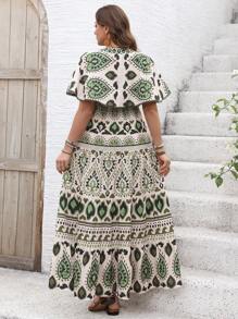 SHEIN Clasi 大码女式植物印花 V 领荷叶边蝙蝠袖松紧腰连衣裙，适合春夏季假期