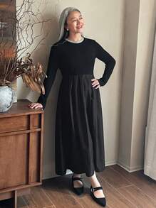 DAZY Vestido de punto de manga larga con patchwork, vestido ajustado de diseño para mujer, vestido de otoño