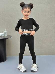 SHEIN 2 pièces/Set Jeune fille Top court imprimé de lettres tricoté et assortie legging tricoté, ensemble de sport