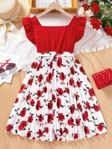 SHEIN Tween Girls Solid Square Neck Patchwork Ditsy Floral Short Sleeve A-Line Dress, Princess Party Dress, Suitable For Graduation Dance, Birthday Party