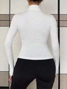 Chiquease Sexy High Neck Half-Open Long Sleeve Fitted Plain Knit White T-Shirt, Versatile For Autumn/Winter