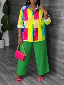 Slaydiva Plus Size Casual Elegant Colorful Plaid Long Sleeve Shirt And High Waist Yellow Straight Wide Leg Pants 2 Pieces Set, Autumn/Winter