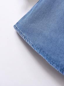 SHEIN 年轻女孩蓝色牛仔盖袖月亮灯笼印花修身连衣裙 - 淺色水洗藍 - 查看 7