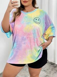 SHEIN CURVE+ Women's Tie Dye Printed Round Neck Short Sleeved T-Shirt In Plus Size For Summer - Multicolor - View 9