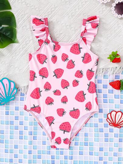 SHEIN Traje de baño de una pieza con volantes y mangas cortas con estampado de fresas lindos de dibujos animados para niñas, primavera/verano