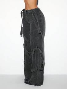 Jeanoix Retro Asymmetric Ribbon Embellished Boyfriend Style Women Jeans, Dystopian Aesthetic