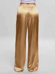 SHEIN Cottnline سروال حريري بخصر عالٍ وساق واسعة، بسيطة وأنيقة للاستخدام اليومي - بيج - مشاهدة 2