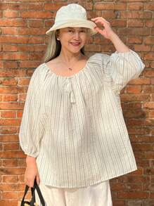 DAZY Blus Pullover Longgar Lengan Lentera Bergaris Vintage Kasual Artistik Serbaguna untuk Wanita - Biru - View 1