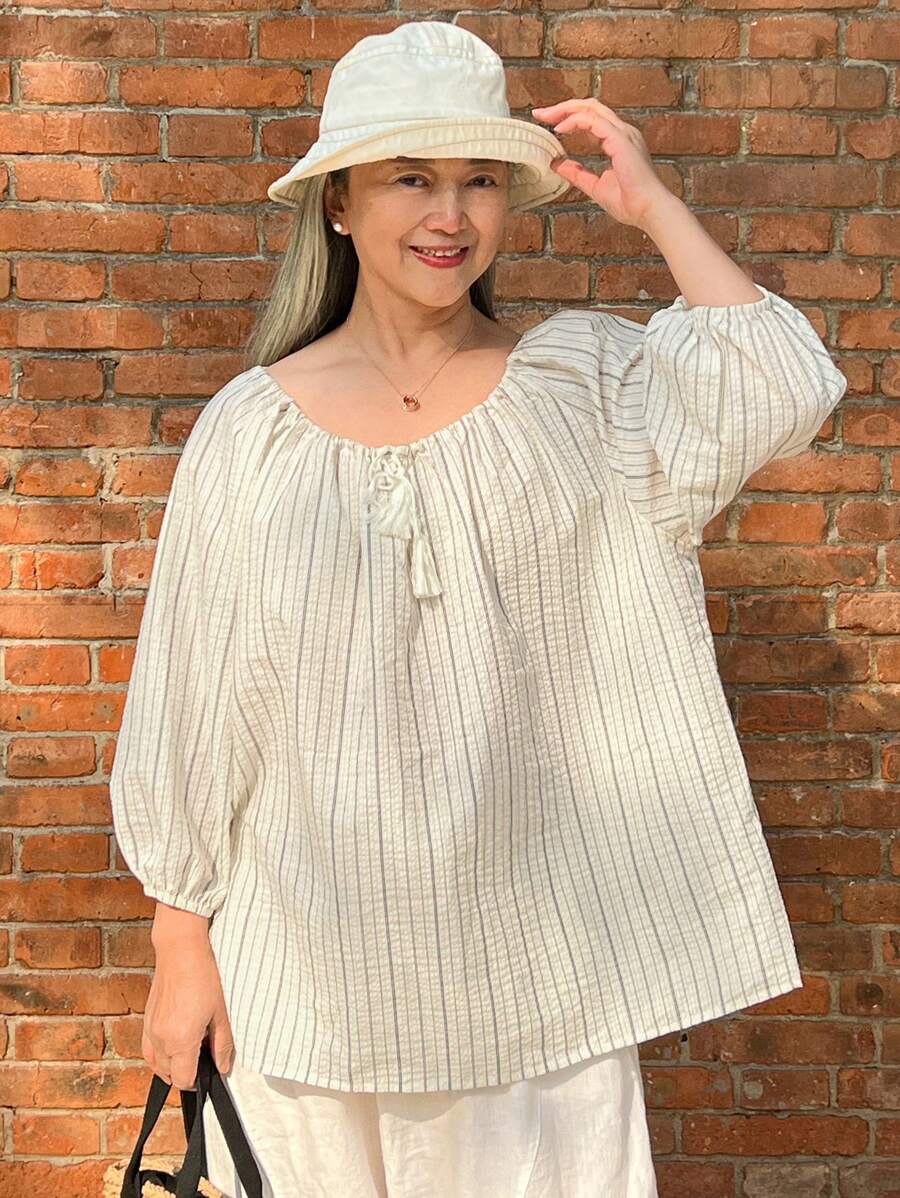 DAZY Blus Pullover Longgar Lengan Lentera Bergaris Vintage Kasual Artistik Serbaguna untuk Wanita - Biru - View 1