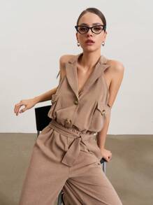 SHEIN Unity Women's Solid Color Lapel Collar Utility Pocket Wide Leg Sleeveless Casual Jumpsuit