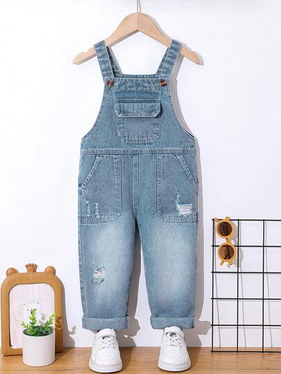 SHEIN Vintaside Kids 年轻男孩褪色蓝色休闲破洞背带工装裤