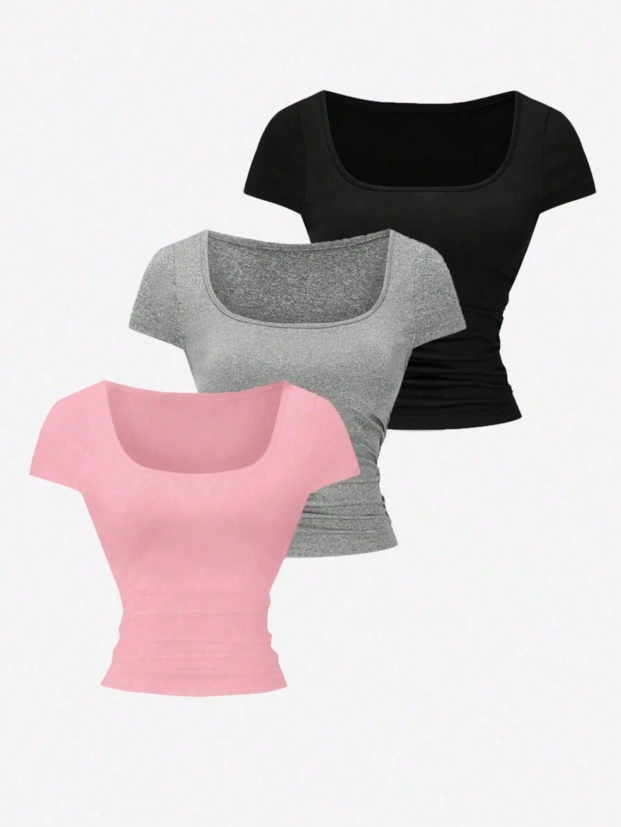 SHEIN Unity 女士夏季純色修身3件套裝，方領短袖T卹