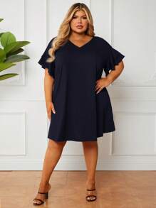 SHEIN CURVE+ Plus-Size Navy Double-Layer T-Shirt Dress With Ruffled Sleeves: Casual And Comfortable
