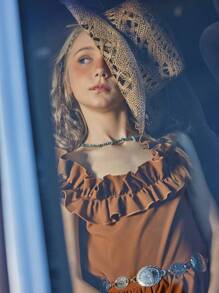 SHEIN Braunes A-Linien-Kleid mit Rüschenbesatz und quadratischem Ausschnitt für Tween-Mädchen, neue Frühjahr/Sommer-Kollektion 2025, geeignet für den Sommerurlaub, den Alltag, Ausflüge und gesellschaftliche Veranstaltungen