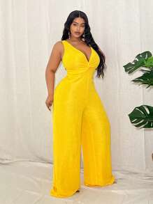 Slaydiva Plus Size Sexy Solid Color Twist Front Deep V Neck Jumpsuit - Yellow - View 4