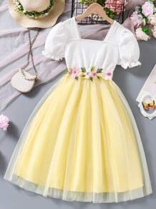 SHEIN Glamorique Kids Young Girl White Princess Dress With Waist Floral Belt, Short Sleeve Mesh Puff Party Wedding Flower Girl Dress - Mustard Yellow - View 1