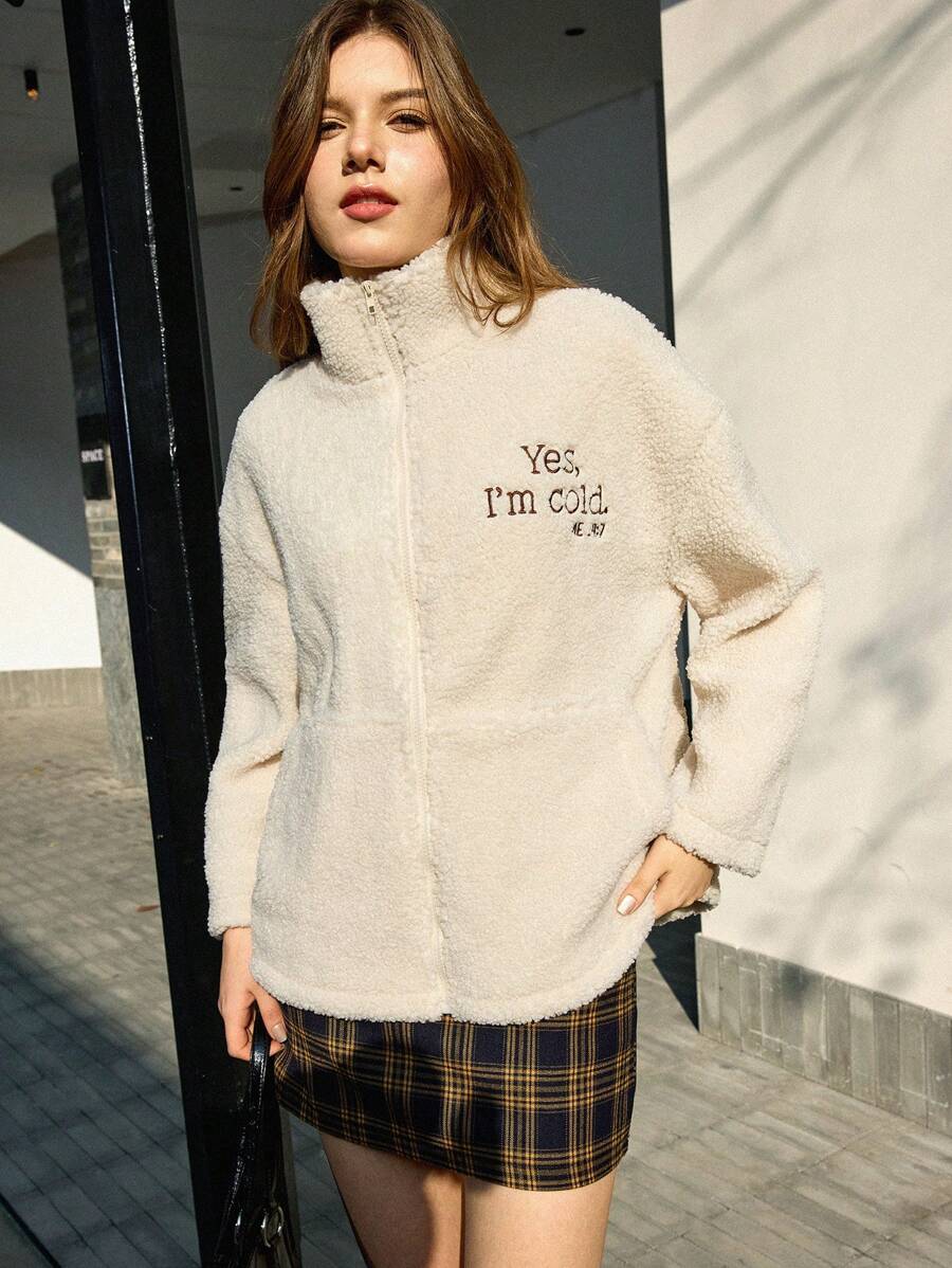 Jouncy Women Zipper Front Long Sleeve Letter Embroidery Casual Jacket Fall Cloth For Women - Apricot - View 1