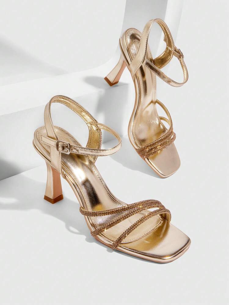 CUCCOO SZL Women's Fashionable Gold Crystal Rhinestone Ankle Strap Mid Heel Square Toe Sandals, Suitable For Commute, Date, Party, And Elegant Occasions Spring Shoes Spring Break Easter Prom Heels For Christmas Spring Shoes Prom Heels