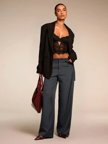 SHEIN BAE Women Black Solid Color Commuter Casual/Fashionable Outing/Versatile Casual/Old Money Style Patch Pocket High Waist Loose Wide-Leg Pants, Suitable For Work/Office, Low-Waisted, Loose, Wide-Leg, Long Pants, For Autumn/Winter