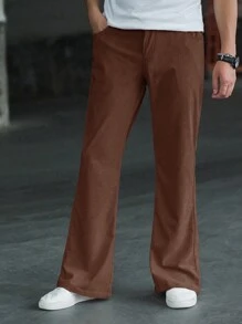 Manfinity Homme Quần ống loe cạp thấp vải nhung kẻ trơn màu thường ngày cho nam, mùa thu - Cà phê nâu - Xem 3
