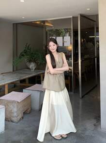 DAZY Bộ 2 món áo không tay xoắn phía trước màu trơn và chân váy cho nữ, dáng rộng thoải mái mùa hè - Màu be - Xem 9