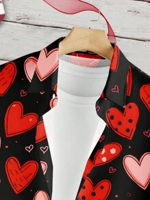 Manfinity Homme Áo sơ mi nam tay ngắn in hình trái tim cài nút phía trước - Đỏ - Xem 3