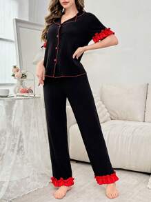 Lapel Color Block Single-Breasted Women Short Sleeve Top And Pants Pajama Set