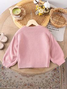 Young Girls Autumn/Winter Handmade Floral Embroidered Lantern Sleeve Chunky Knit Sweater, Round Neck Long Sleeve Pullover - Dusty Pink - View 2