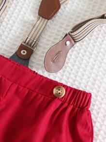 Cozy Pixies 2pcs Baby Boy Elegant Crown Pattern Contrast Color Bowknot Lapel Short Sleeve Shirt And Overalls Shorts Set, Formal Occasion - Burgundy - View 7