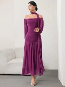 Modelyn Women's Ruffle Off Shoulder Long Sleeve Tie-Front Elegant Party Dress - Purple - View 7