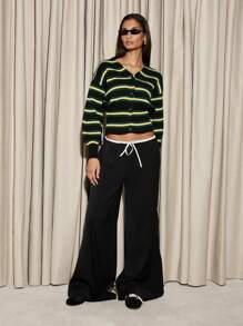 AiiRZ Striped Knit Button-Down Cardigan V-Neck Cropped Sweater Fashion Casual Fall Winter Collegiate Style Loungewear