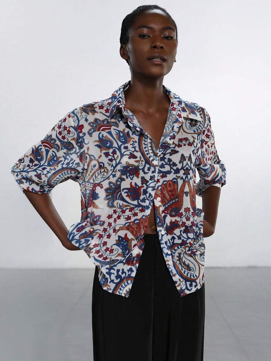 Aveloria Modichic Blusa de manga larga con botones, elegante y versátil, de gasa con estampado de cachemira, para mujer - Multicolor - Ver 1