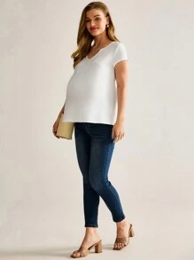 MaterniWear Maternity V-Neck Short Sleeve Solid Color Casual T-Shirt For Daily Wear