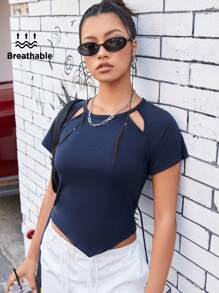 Streetz SHEIN Sport Của phụ nữ Vòng cổ Xu hướng: Cắt giảm Ngắn tay Áo thun Đối với Các hoạt động ngoài trời - Xanh đậm - Xem 1