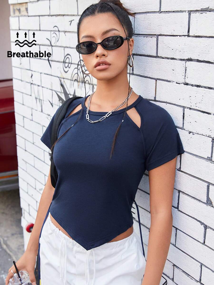 Streetz SHEIN Sport Của phụ nữ Vòng cổ Xu hướng: Cắt giảm Ngắn tay Áo thun Đối với Các hoạt động ngoài trời - Xanh đậm - Xem 1