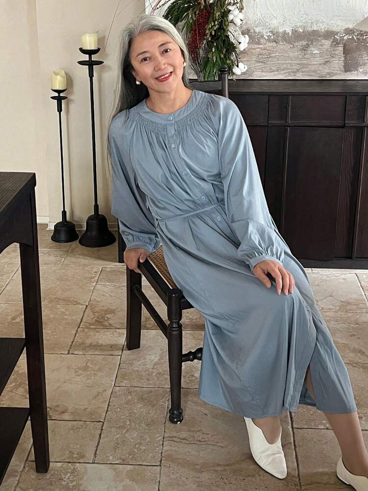 Artistic Style Round Neck Tie-Up Pleated Design Single-Breasted Button Long Dress For Women, Fall Dress Long Sleeve Dress