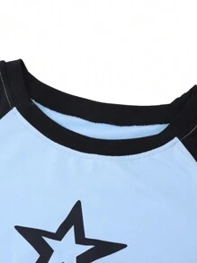 SHEIN Y2K Raglan Sleeve Five-Pointed Star Print Cropped T-Shirt For Teen Girls - Baby Blue - View 3