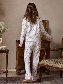 青少年女孩碎花撞色滾邊睡衣套裝 - 白色 - 查看 2