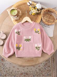 Young Girls Autumn/Winter Handmade Floral Embroidered Lantern Sleeve Chunky Knit Sweater, Round Neck Long Sleeve Pullover - Dusty Pink - View 1