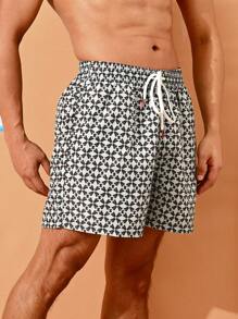 Surfspeed Men's Geometric Print Drawstring Waist Beach Shorts - Green - View 4