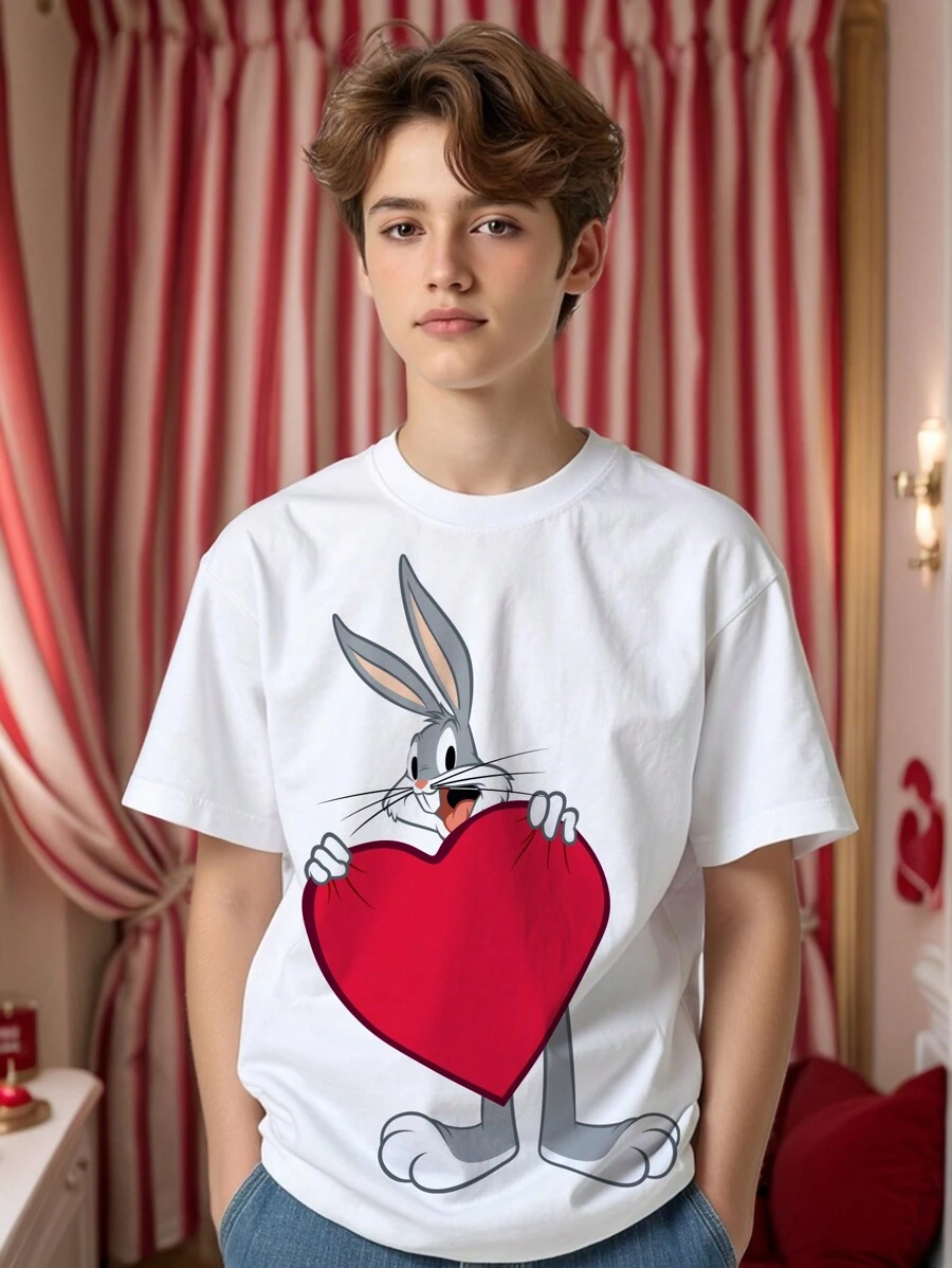 LOONEY TUNES X SHEIN Tween Boy Casual Rabbit Print T-shirt met korte mouwen, geschikt voor de zomer en Valentijnsdag