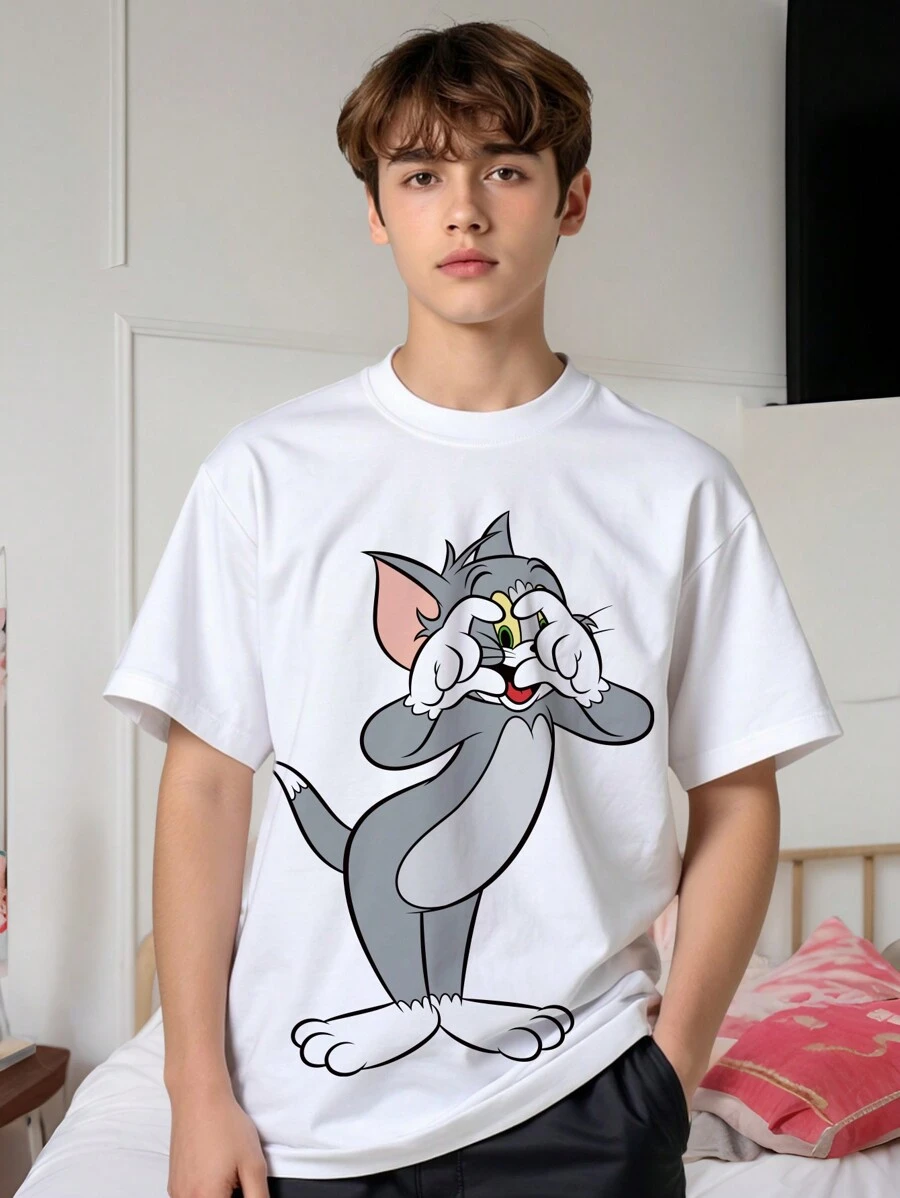 TOM & JERRY X SHEIN Tween Boy Casual Cat Print Short Sleeve Valentine's Day T-Shirt, Suitable For Summer