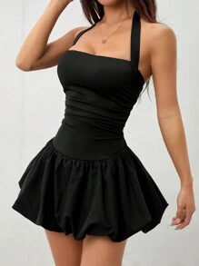 SHEIN PETITE Vestido informal corto de unicolor con cuello de lazo y espalda descubierta para mujer - Negro - Ver 5